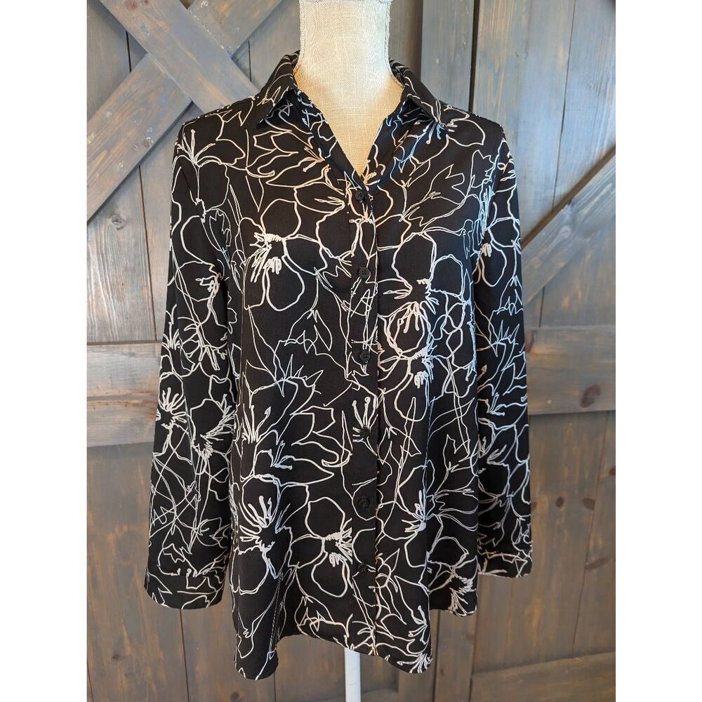 Chico Womens 2 Medium Button Front Blouse Top Long Sleeve Black White Floral